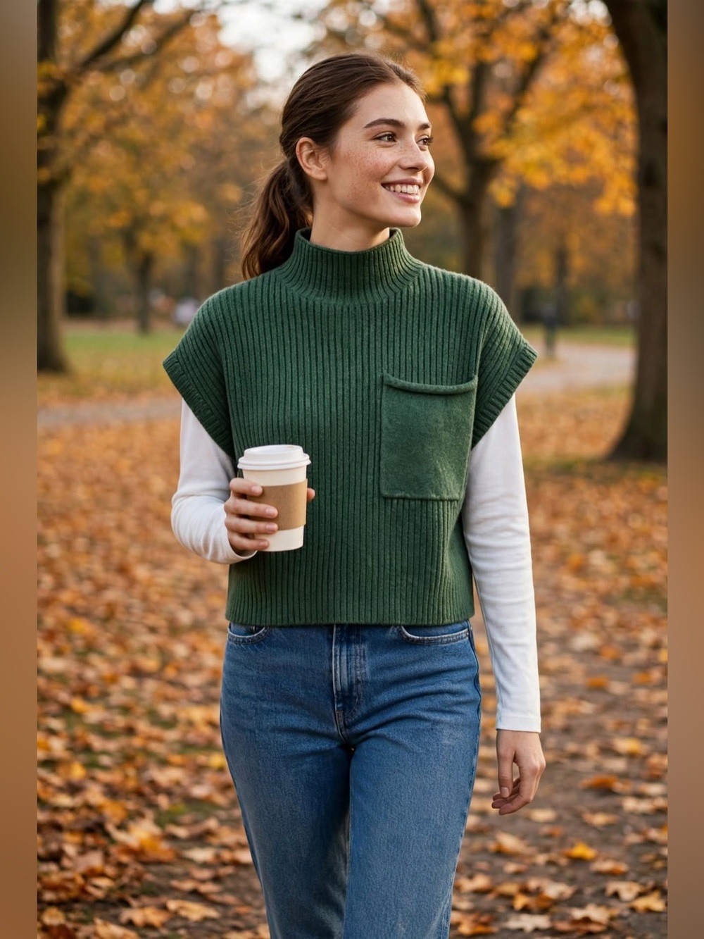 entro Forest Green Ribbed Turtleneck Sweater Vest with Patch Pocket